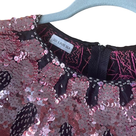 Vintage Womens Top Size 44 Pink Handmade Beaded Sequin Flame Pattern Pure Silk - Picture 12 of 13